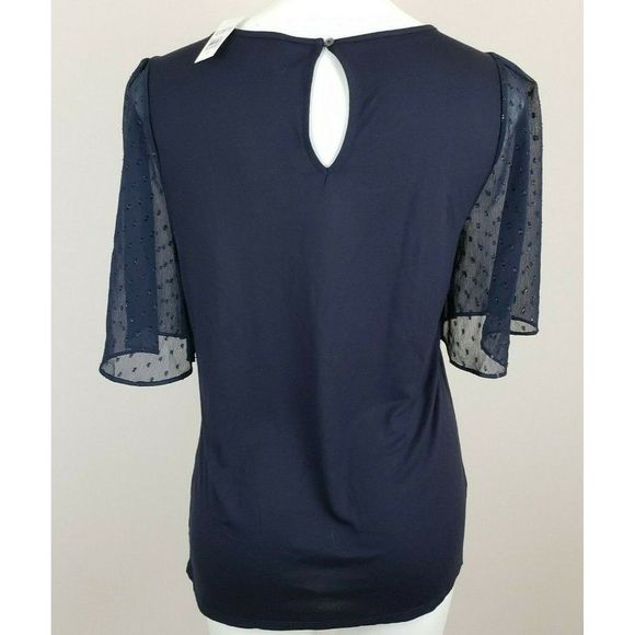 Ann Taylor Loft Navy Blue Top Shirt Keyhole Back Sheer Sleeves S NWT - Picture 2 of 5